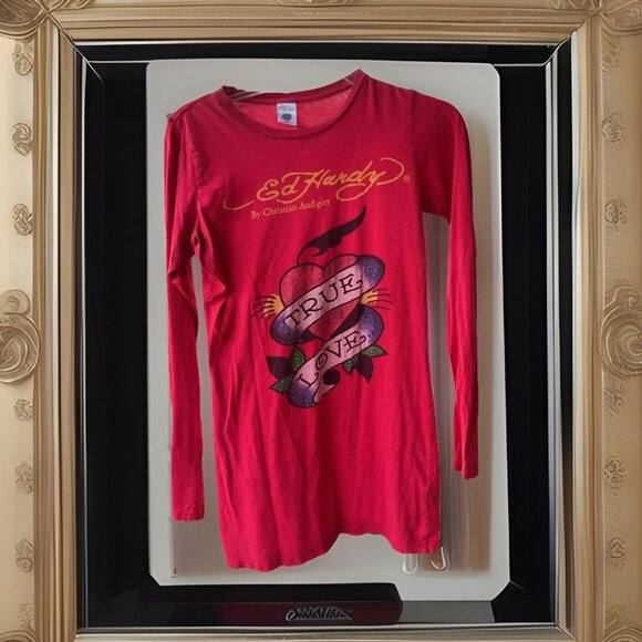Ed Hardy by Christian Audigier Red Minidress L/S Bodycon Rhinestones Y2K M - Picture 1 of 16